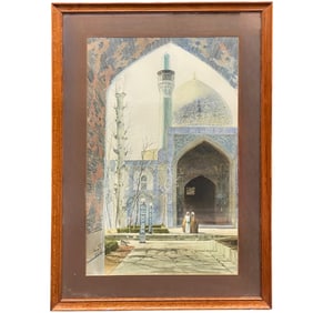 An Iranian Watercolor Painting of a Mosque View By Andro