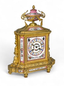 A Sevres Style Gilt Bronze & Pink Porcelain Mantel Clock,  France, Circa 1880