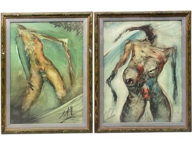 A Pair of Large Abstract Watercolor Paintings of a Nude Couple