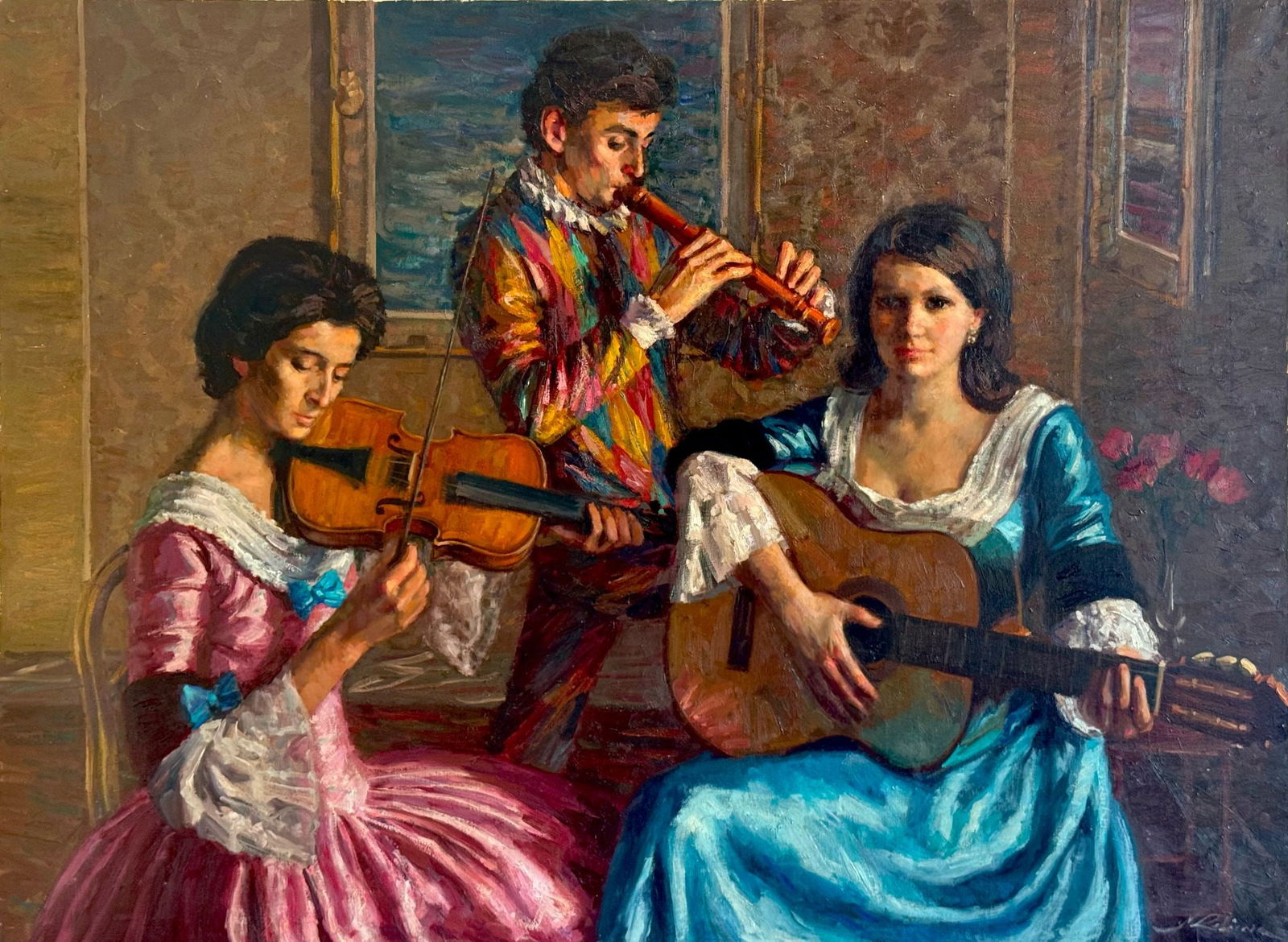 A 20th Century Oil On Canvas By Marc Rebierre: A 20th Century Oil On Canvas By Marc Rebierre representing a trio of musicians. Two women can be seen performing string instruments in colorful dresses. Behind is a man performing the flute in a multi