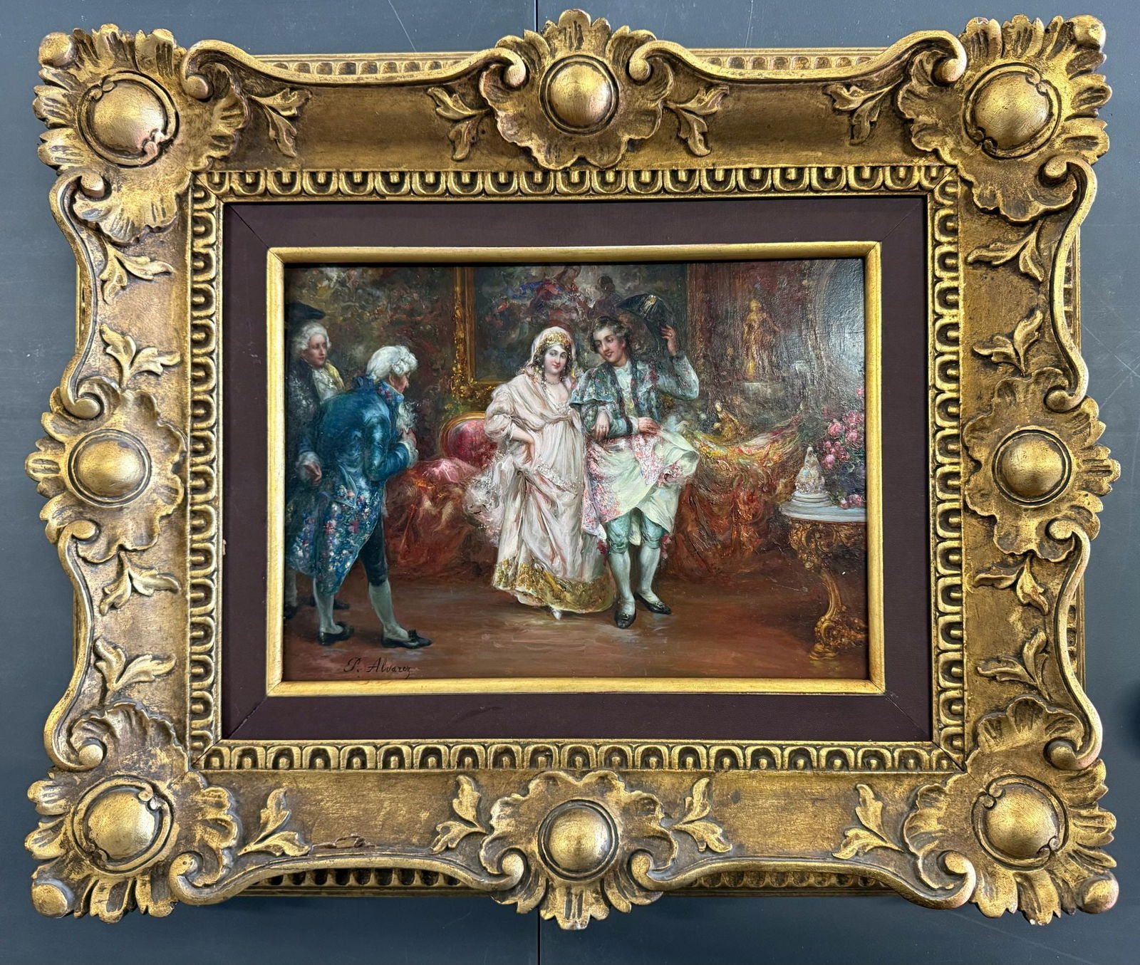 Poetro Luis Alvarez Catala (Spanish, 1836-1901): A painting by Poetro Luis Alvarez Catala (Spanish, 1836-1901).This piece depicts a happy party scene with a couple in the center. Piece measures: 22.5"X18.5".