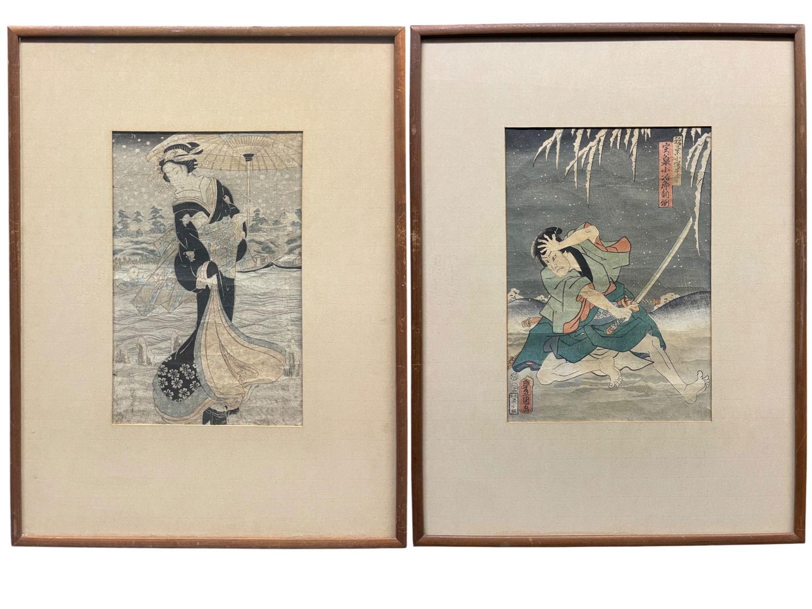 A Pair of Japanese Woodblock Paintings By Utagawa Kunisada (Toyokuni iii): A Pair of Japanese Woodblock Paintings By Utagawa Kunisada (Toyokuni iii). 23" x 18"