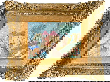 An Antique Knitting Work Landscape View Set in an Ornate Frame
