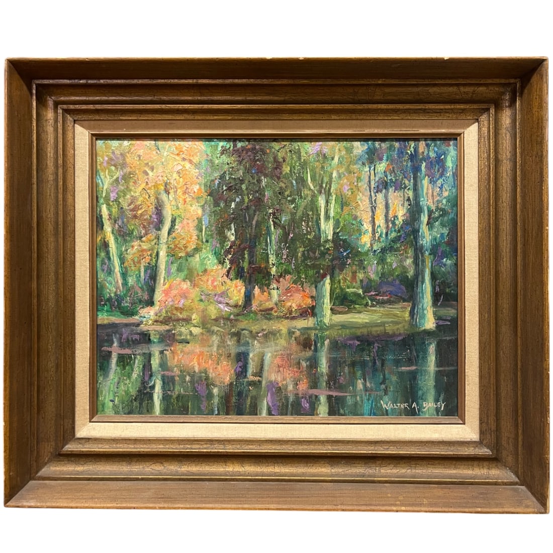 An Impressionist Oil on Canvas of a Lake Reflection By Walter A. Bailey: An Impressionist Oil on Canvas of a Lake Reflection By Walter A. Bailey. 24" x 20"
