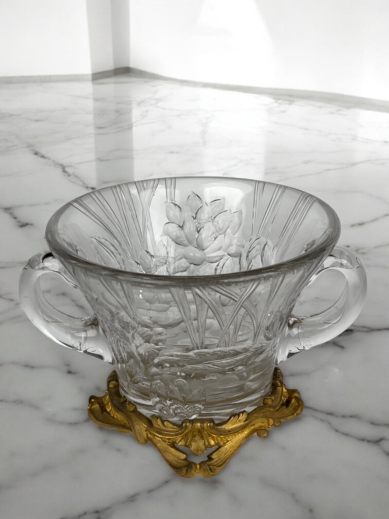 19th Century French Hand Carved Crystal Mounted On Ormolu Vase By Escalier De Cristal: 19th Century French Hand Carved Crystal Mounted On Ormolu Vase By Escalier De Cristal. Paris Circa Last Quarter of 19th Century. 7-1/2” x 6”