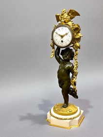 19th Century French Gilt  Patinated Bronze Clock Mounted On Marble