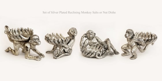 Set of Silver Plated Reclining Monkey Salts or Nut Dishes