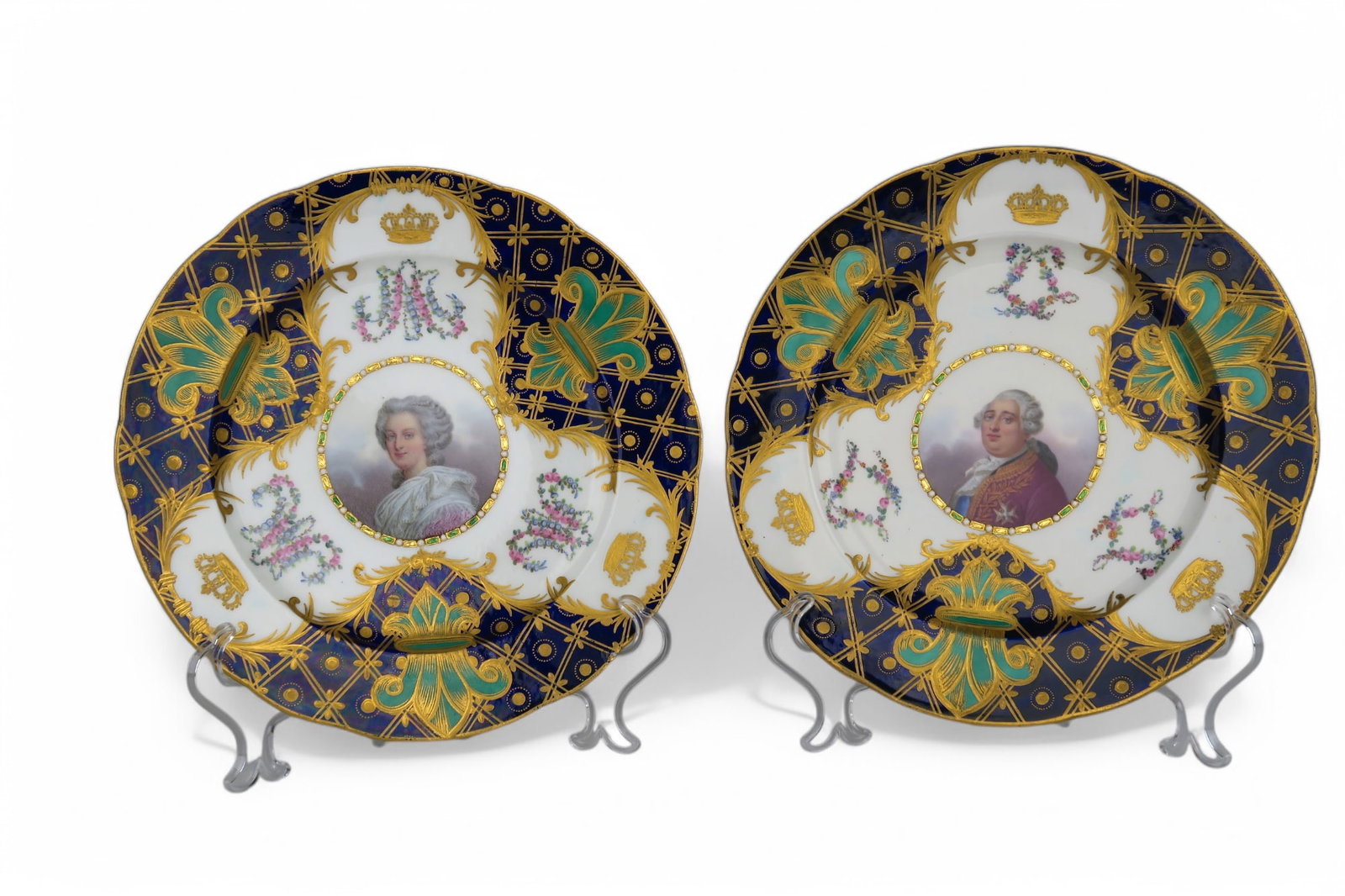 Pair Of Sevres Hand Painted Porcelain Decorative Cabinet Plates: Pair Of Sevres Hand Painted Porcelain Decorative Cabinet Plates. Underglaze Blue Double L's & LL letters. France, 19th Century. 9-1/2"