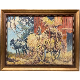 A Palatial Oil on Board Painting of a Framer Riding a Carriage