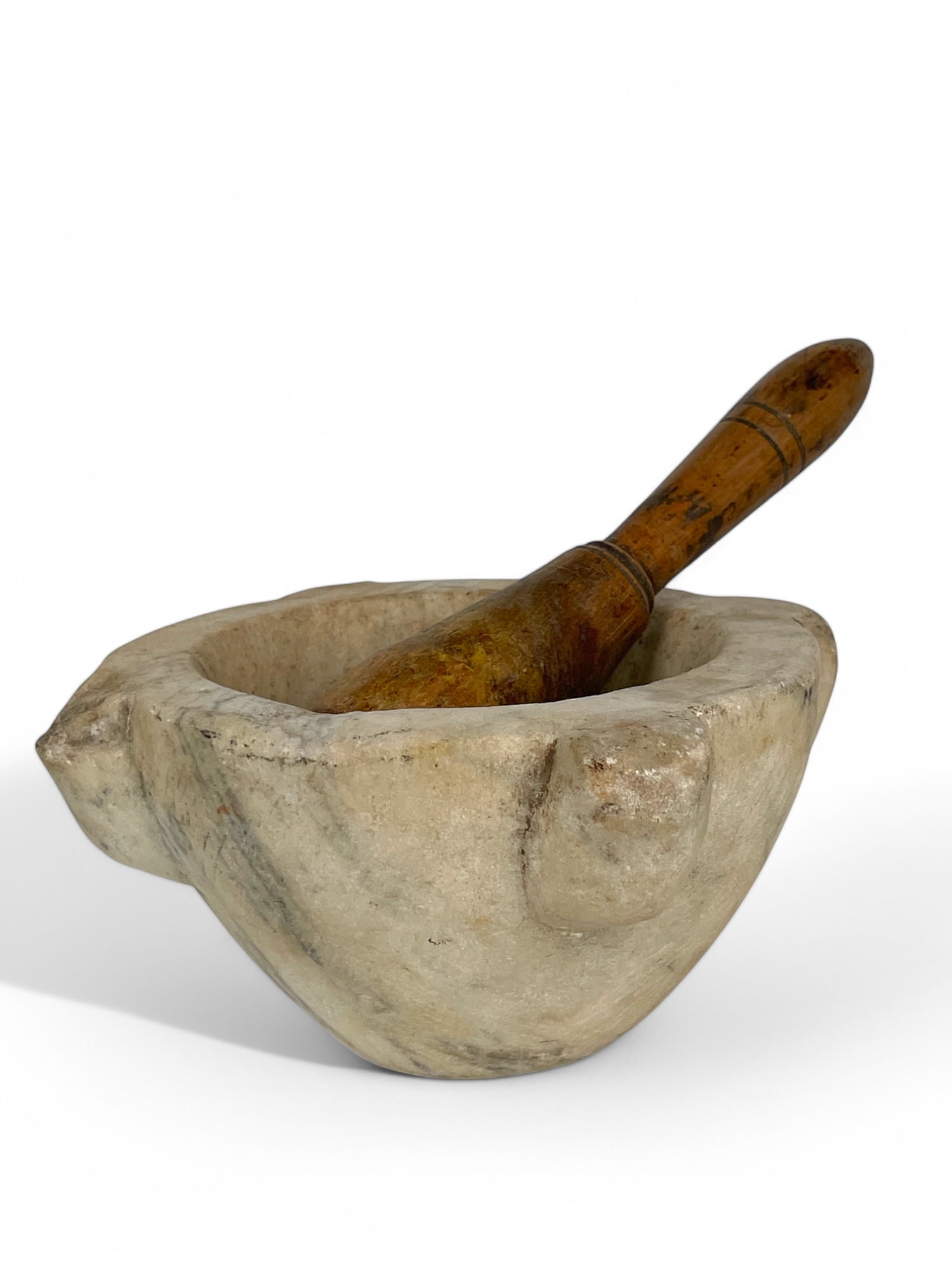 A Carved White Marble Mortar & Wooden Pestle: A Carved White Marble Mortar & Wooden Pestle. 6-1/4” x 4-1/2”