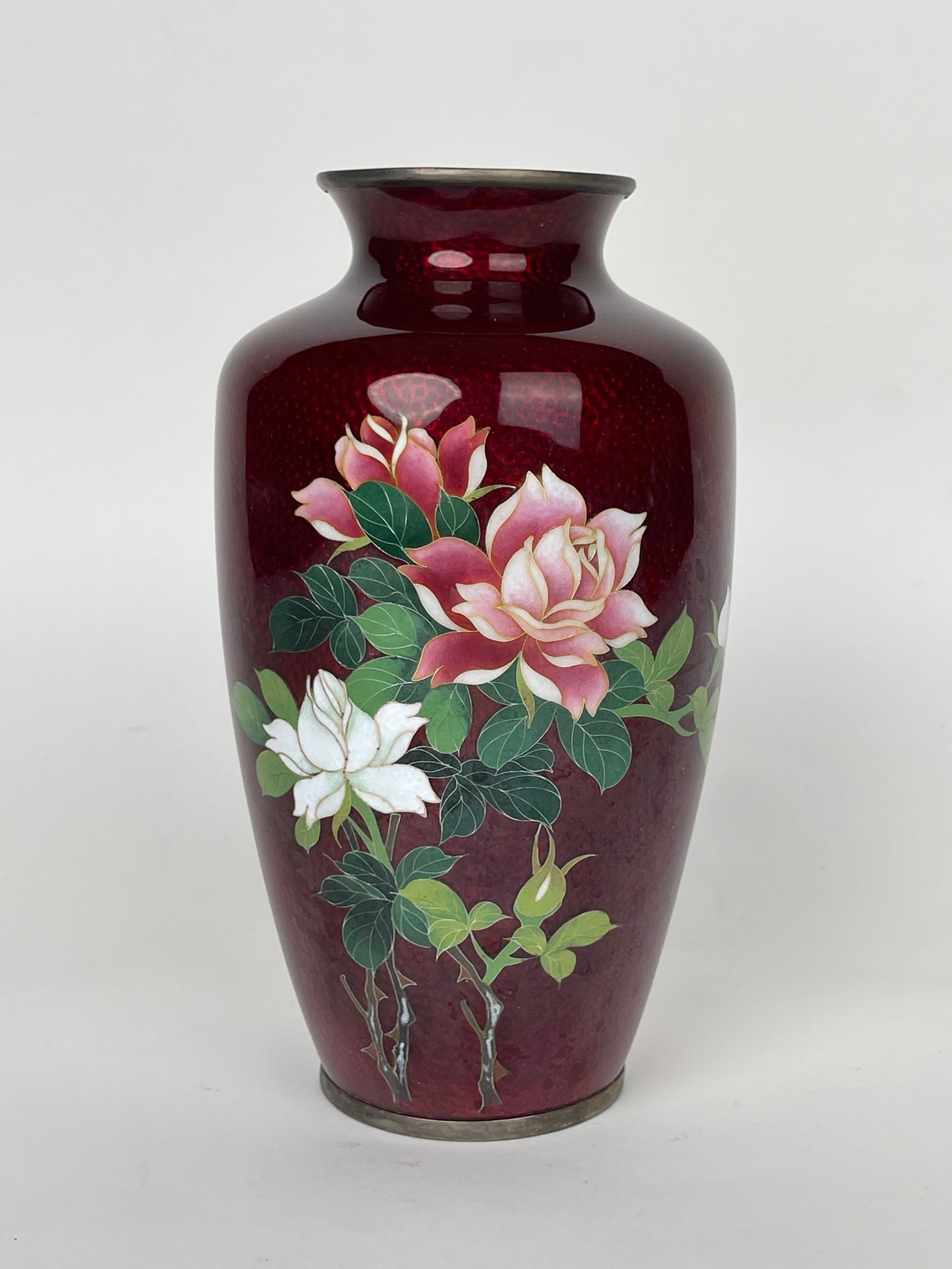 A Japanese Red Ground Enamel Vase With Roses (1 of 5)
