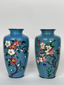 A Pair Of Japanese Blue Ground Enamel Vases