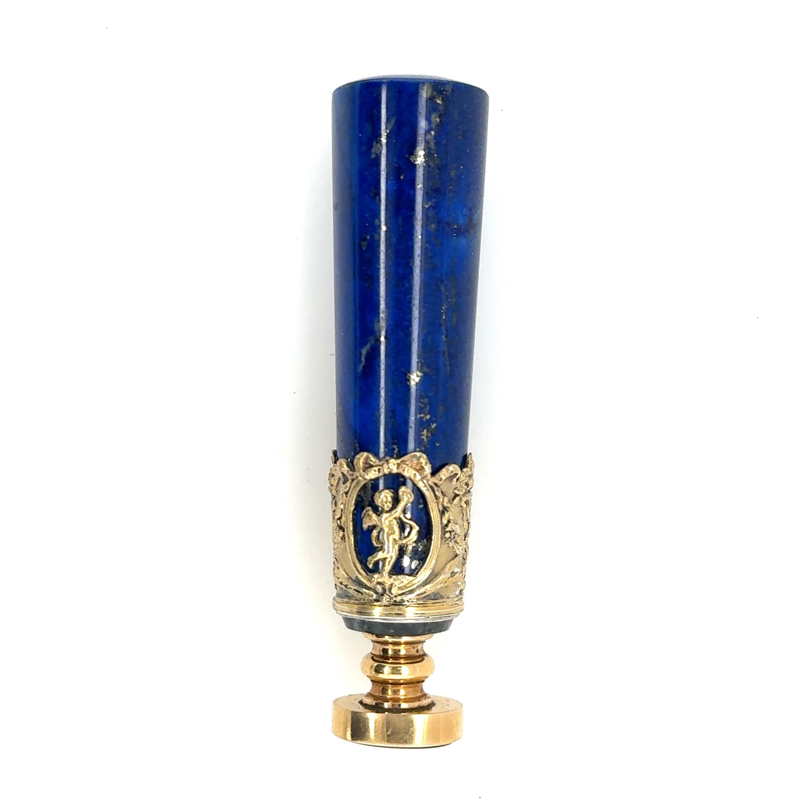 19th Century 18K Yellow gold, Vermil Sterling Silver, Lapis & Blood Stone Wax Seal: 19th Century 18K Yellow gold, Vermil Sterling Silver, Lapis Lazuli & Blood Stone Wax Seal. H: 3-1/2"