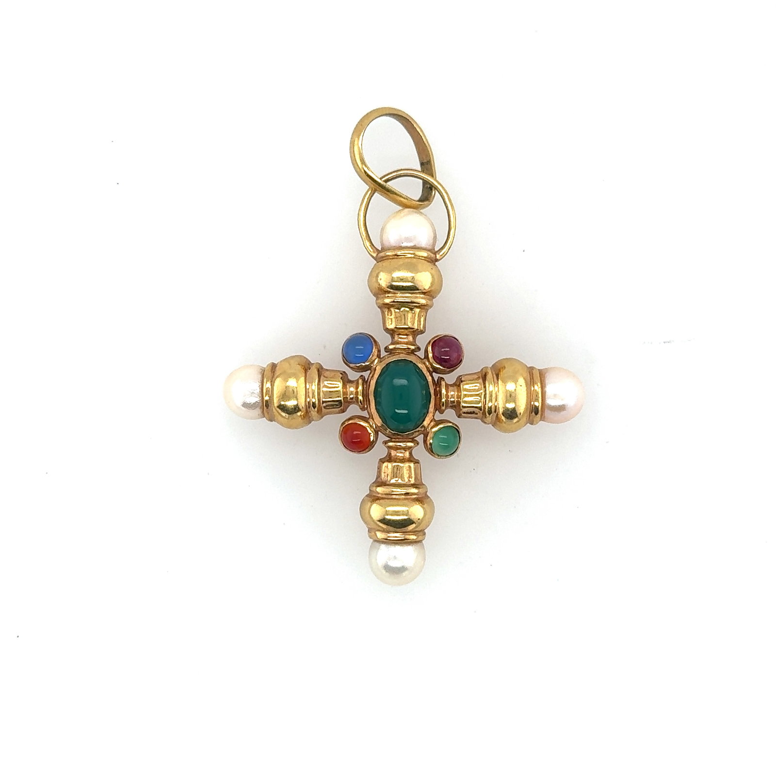 Girovi Ronco 18K Yellow Gold, Pearl, Ruby, Agate, Jade & Sapphire Pendant: Girovi Ronco 18K Yellow Gold, Pearl, Ruby, Agate, Jade & Sapphire Pendant. Total Weight: 17.6grams. H: 2-1/2" Made In Italy. Stamped: Girovi, 750.