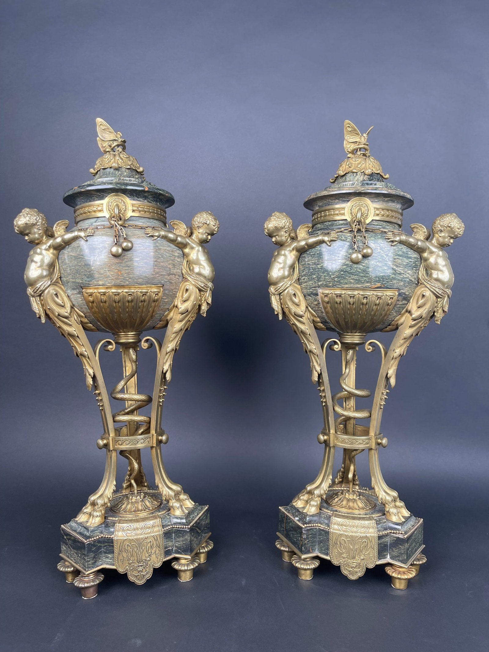 A Pair Of Large 19th century French Ormolu Mounted Obsidian Urns: A Pair Of Large 19th century French Ormolu Mounted Obsidian Urns. Attributed to Emmanuel-Alfred Beurdeley. H: 27" _________________________________________________ In 1875, Alfred-Emmanuel Beurdeley (