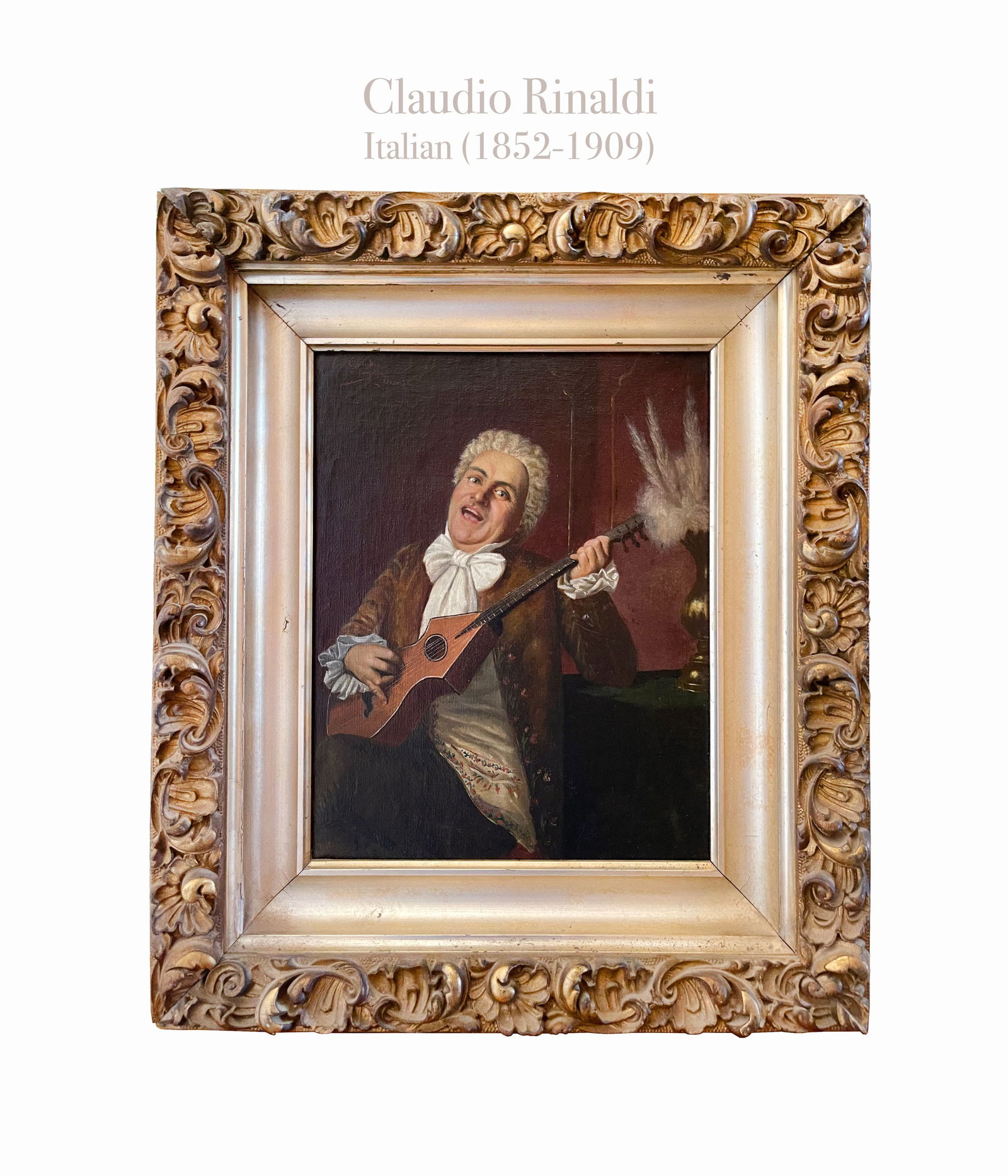 A Musician, A Claudio Rinaldi (1852-1909) Oil on Canvas: Claudio Rinaldi, Italian (1852-1909), Oil on Canvas Framed Painting of a Musician. Frame: 22" X 19", Sight: 14" X 11". Claudio Rinaldi (Urbania,1852 - after 1909) was an Italian painter, mainly of gen