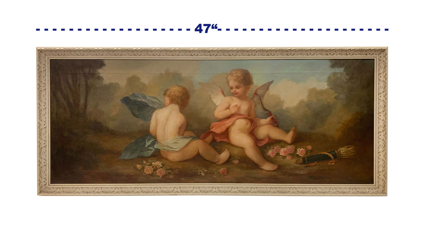 19th C. French Oil on Canvas Painting of Cupids Playing: 19th C. French Oil on Canvas Painting of Cupids Playing. 47" x 20"