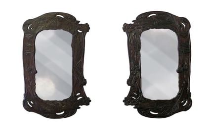A Pair of  Art Nouveau Hand Carved Walnut Mirrors