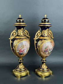 Pair Of Sevres Ormolu Mounted Cobalt Ground Porcelain Vases