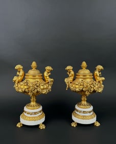 Pair Of White Marble Ormolu Mounted Urns, France, Circa 19th C.