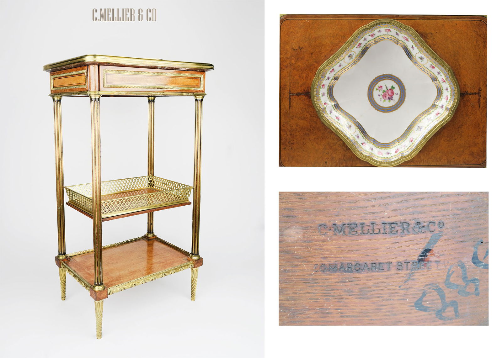 C. MELLIER & CO., LONDON, LATE 19TH CENTURY: A French Ormolu & Sevres Porcelain Mounted Side table Retailed By C. MELLIER & CO., LONDON, LATE 19TH CENTURY. 28"X16"x11-1/2"