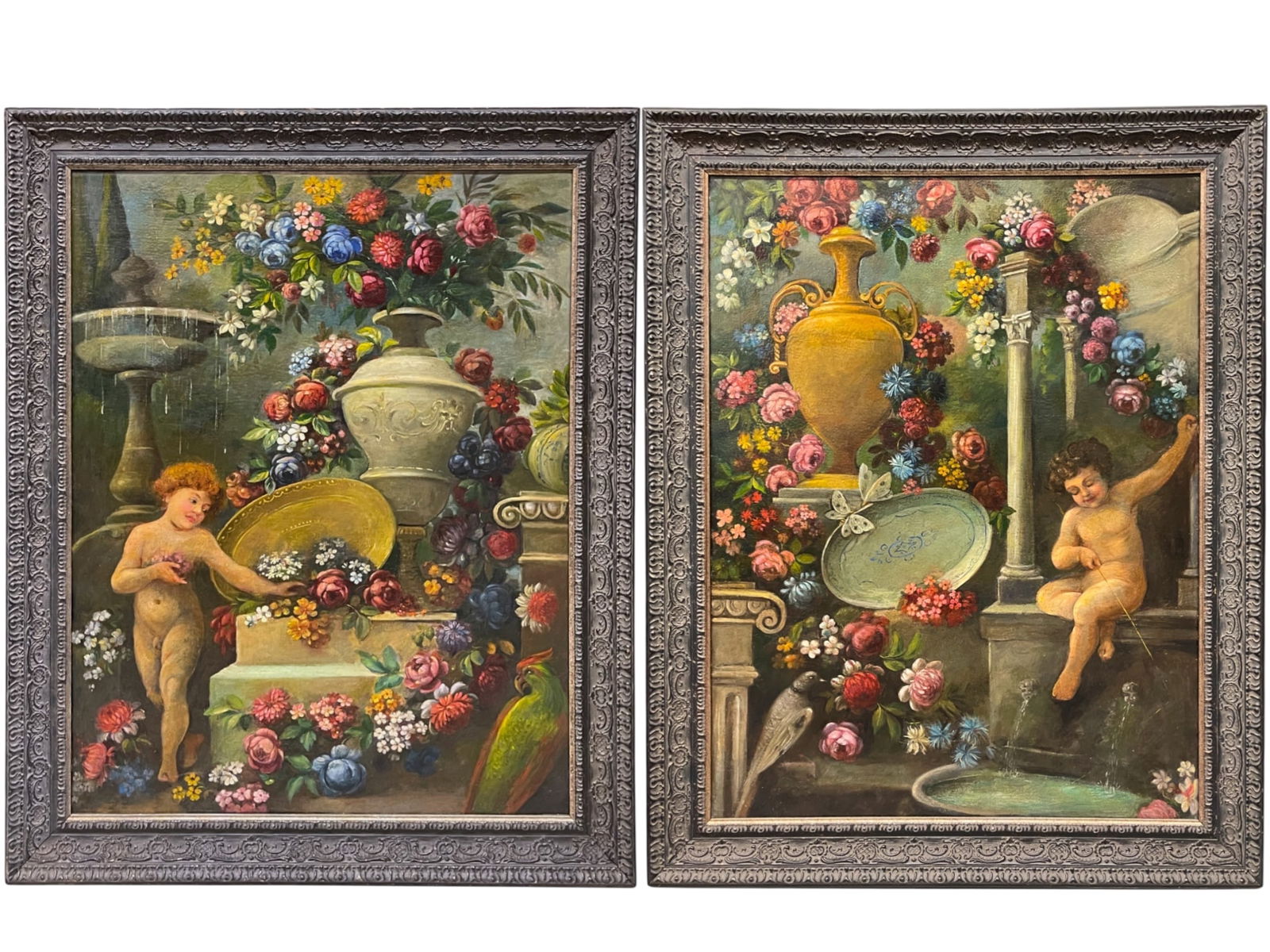 18th Century Pair Of French Oil On Canvas Paintings: Pair Of 18th Century Oil On Canvas Paintings Depicting Of Playing Cupids In A Garden. 32"x24"