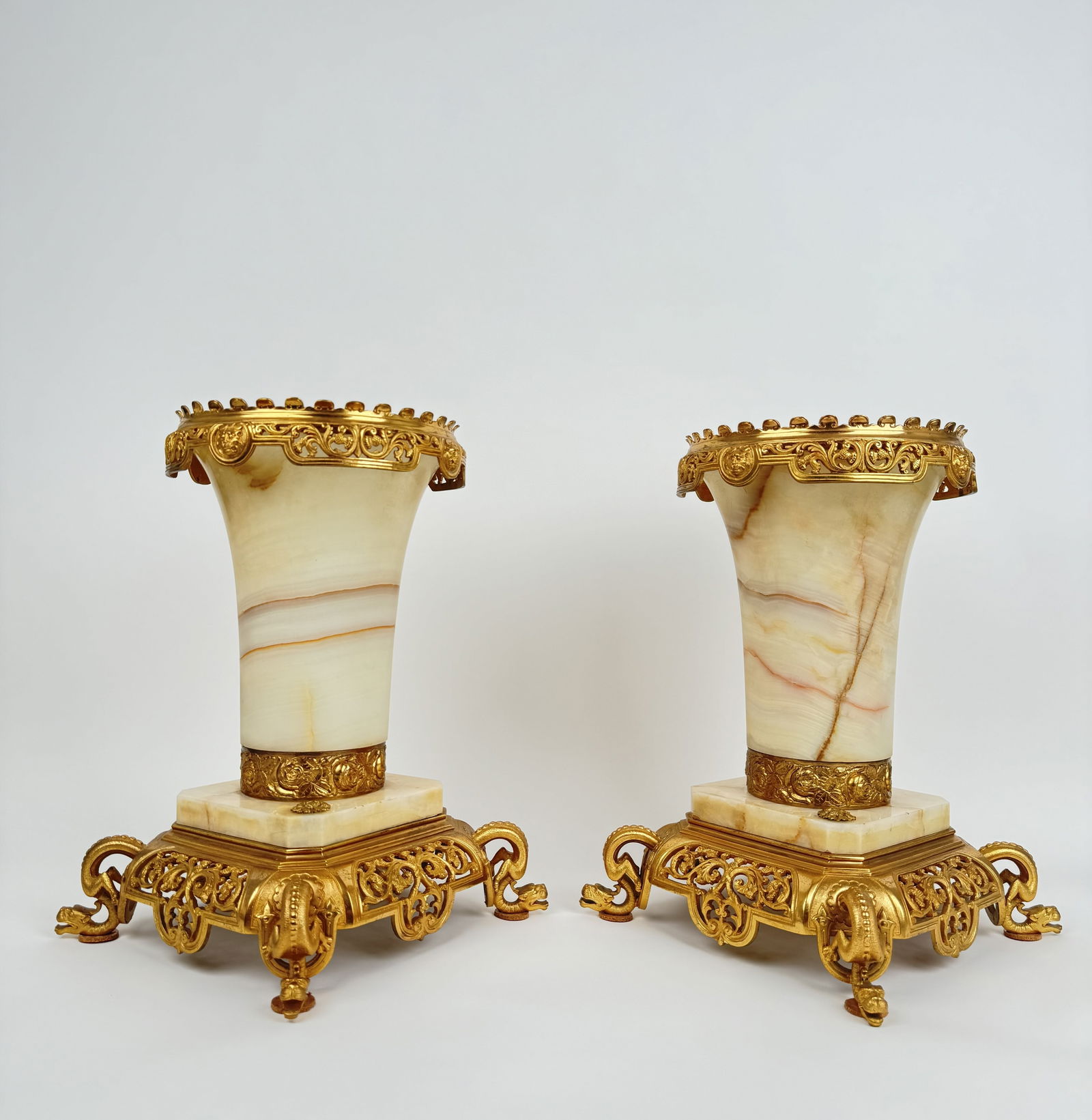 Pair Of Gilt Bronze & Onyx Jardiniere By Edouard Lievre: Pair Of Gilt Bronze & Onyx Jardiniere By Edouard Lievre. 16-1/2"X11"..Edouard Lièvre (1829-1886) studied under the painter Thomas Couture (1815-1879), one of the more conspicuous artists in the