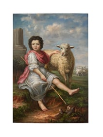 20th Century Oil On Canvas Painting Depicting A Shepherd Boy With A Sheep
