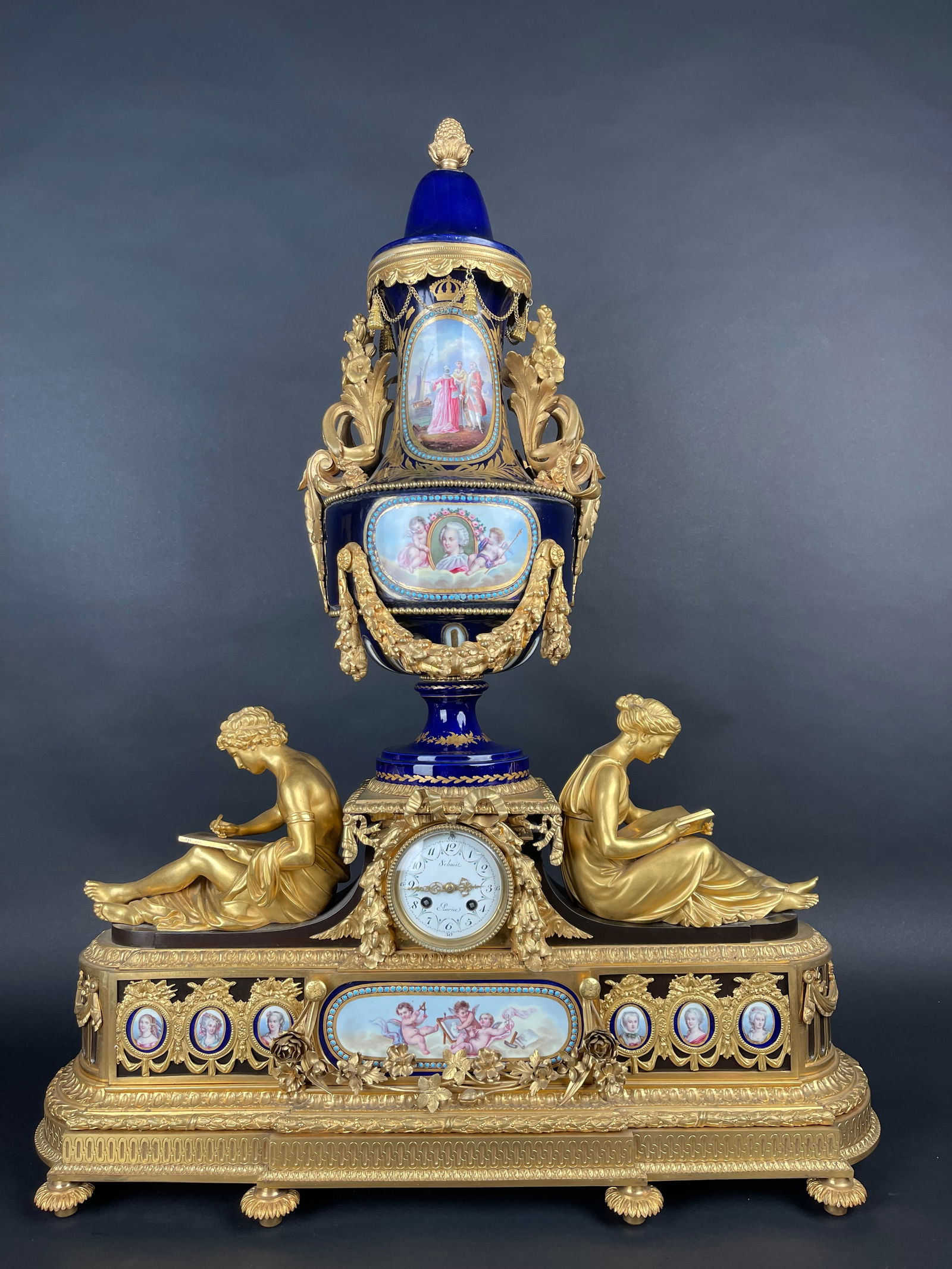 Monumental French Louis XVI Mounted Sevres Porcelain Clock Signed Schmit: Monumental French Louis XVI Mounted Sevres Porcelain Clock Signed Schmit. France, Circa 1880. H: 36" W: 29" D: 9-1/2"