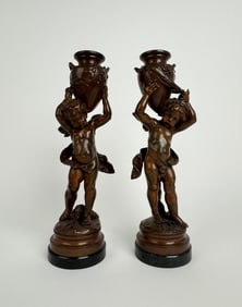 Magnificent Pair Of French Patinated Bronze Candlesticks By Moreau, Circa 1880