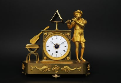 Directoire Gilt Bronze Clock of a Musician, Circa 1800