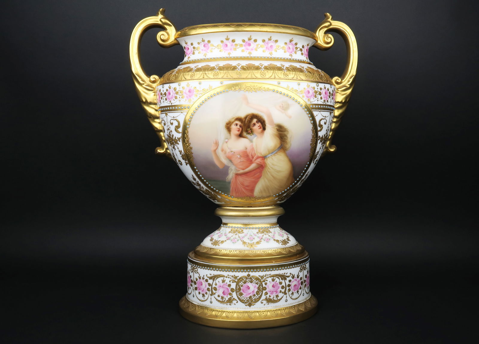 Oval Viennese Gilt Porcelain Hand Painted Vase By Wagner. Circa 1900 (1 of 10)