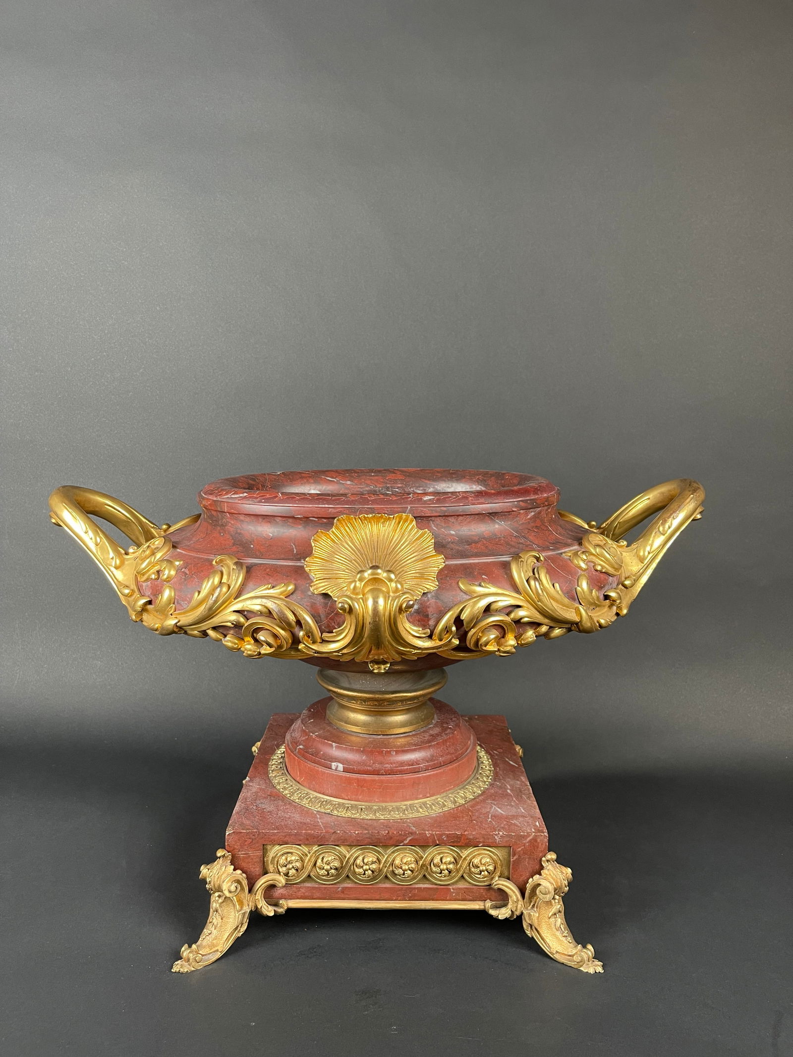 19th Century French Ormolu Mounted Rouge Marble Centerpiece: 19th Century French Ormolu Mounted Rouge Marble Centerpiece. Circa 1880. Barbedienne. W: 23-1/3" H: 16" D: 13"