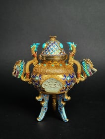 Late 19th Century/ Early 20th Century Enameled gilt Silver Jeweled Filigree Incense Burner