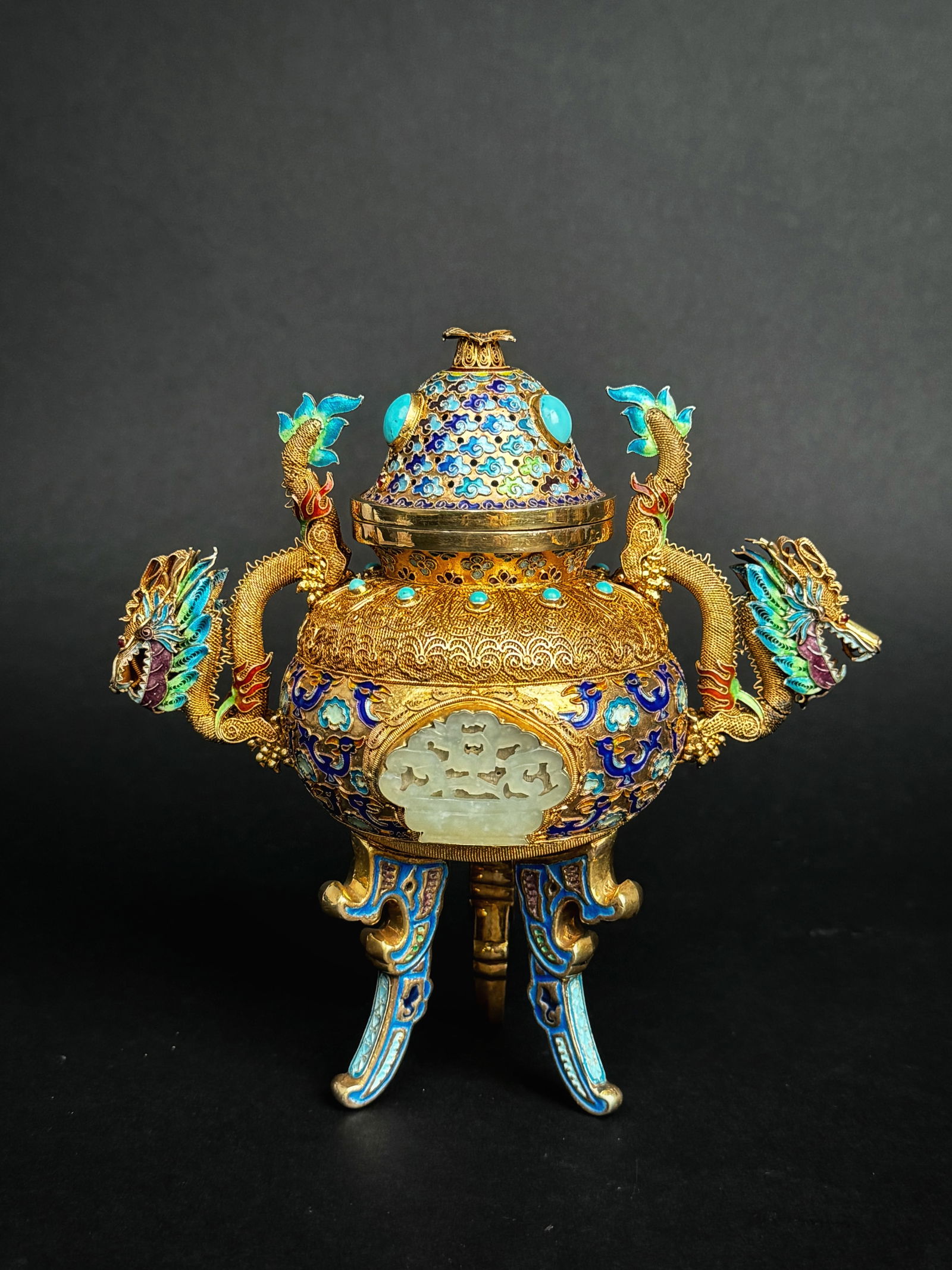 Late 19th Century/ Early 20th Century Enameled gilt Silver Jeweled Filigree Incense Burner (1 of 4)