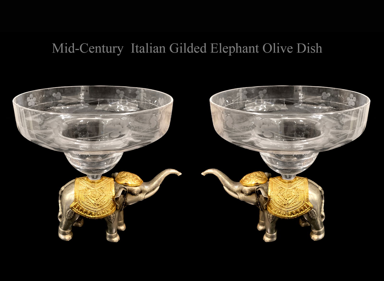 Pair of Mid-Century Italian Gilded Elephant Mounted Crystal Olive Dishes: Pair of Mid-Century Italian Gilded Elephant Mounted Crystal Olive Dishes H 6"