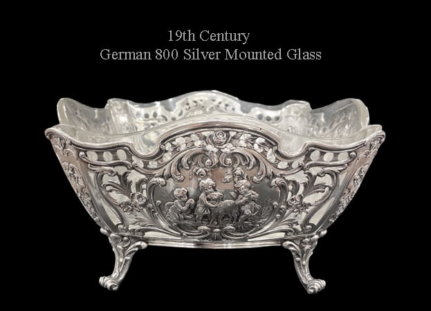 19th Century German Silver 800 Mounted Glass: 19th Century German Silver 800 Mounted Glass.8.5" x 8.5". H 4.1"