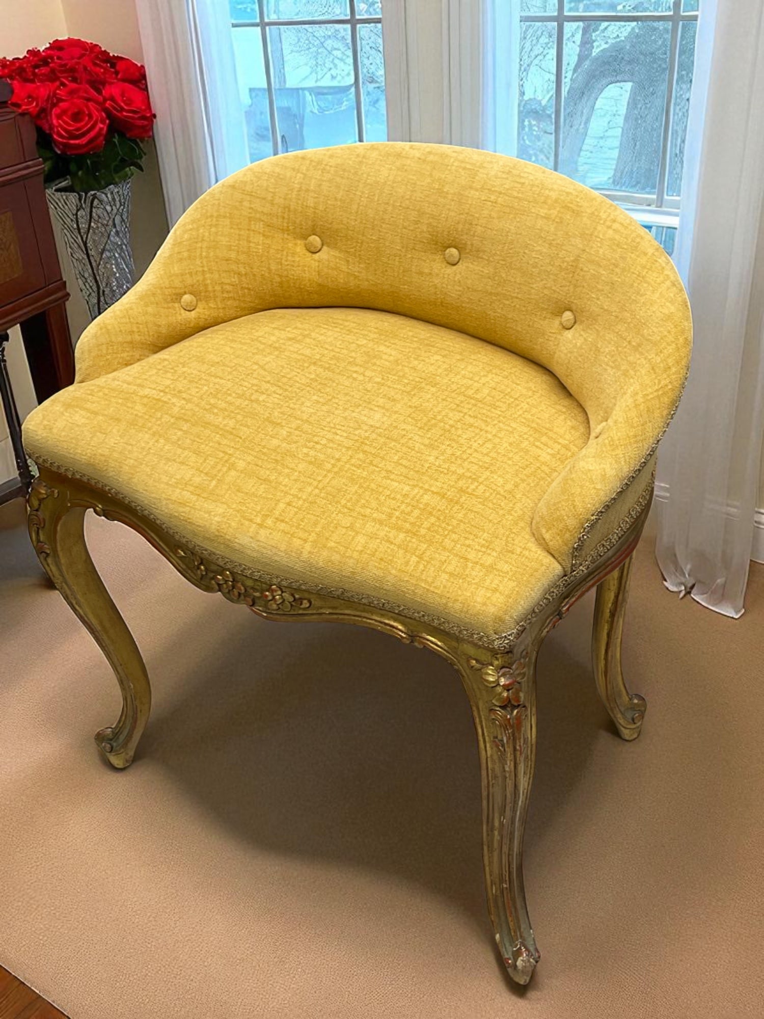 19th Century French Gilt Wood Hand Carved Chair Vanity Chair: 19th Century French Gilt Wood Hand Carved Chair Vanity Chair. H: 22" D: 14" W:19"