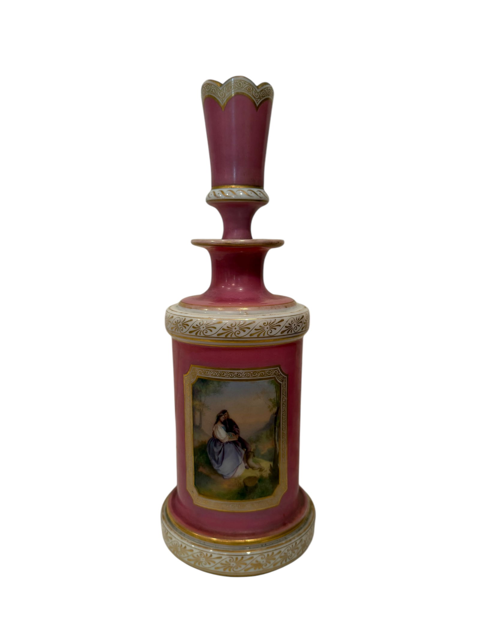 19th Century French Opaline Hand Painted Decanter: 19th Century French Opaline Hand Painted Decanter. 11-1/4” x 3-1/2”