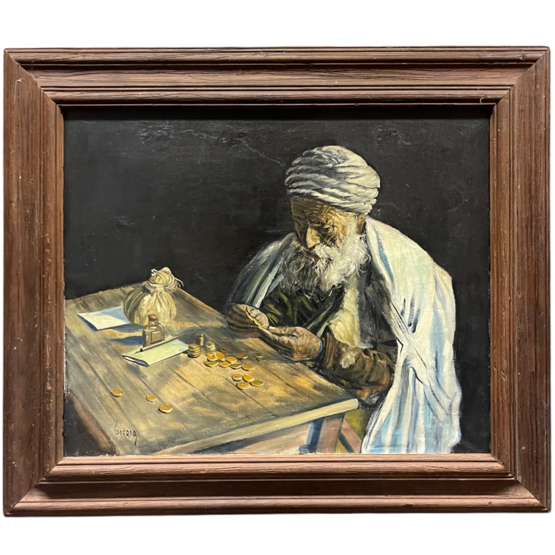 An Oil on Canvas Orientalist Painting of a Jewish Money Changer: An Oil on Canvas Orientalist Painting of a Jewish Money Changer. Signed By Dorado. 28x 24”