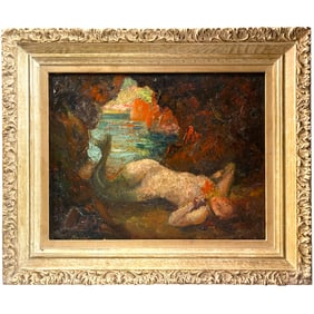 An Oil on Board Painting of a Reclining Mermaid, French Early 20th Century Signed By the Artist