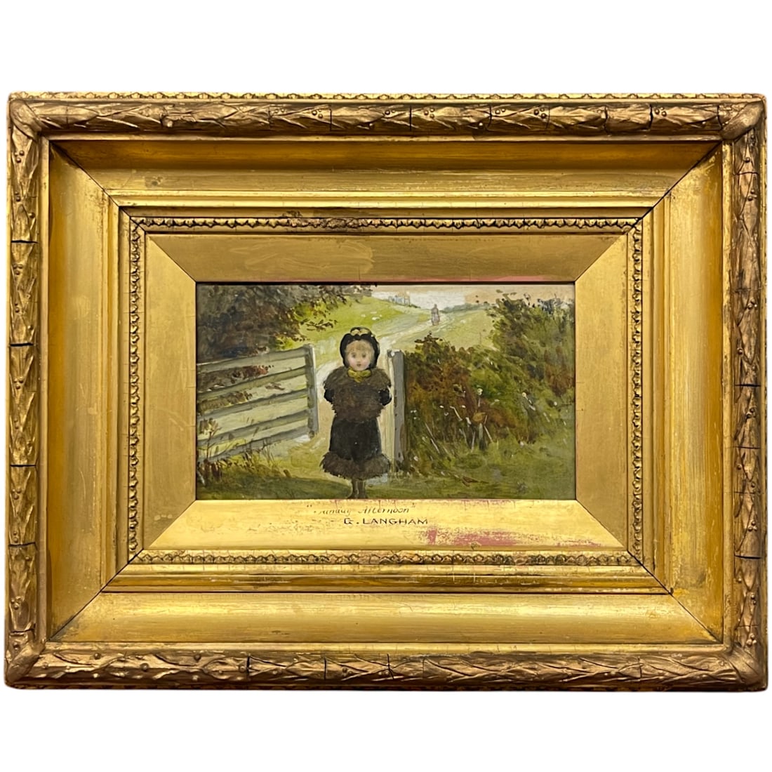 A Young Girl in a Rural Setting Framed in a Gilded Wooden Frame by G.Langham: Young Girl in a Rural Setting Framed in a Decorated Gilded Wooden Frame.12-1/2" x 16"