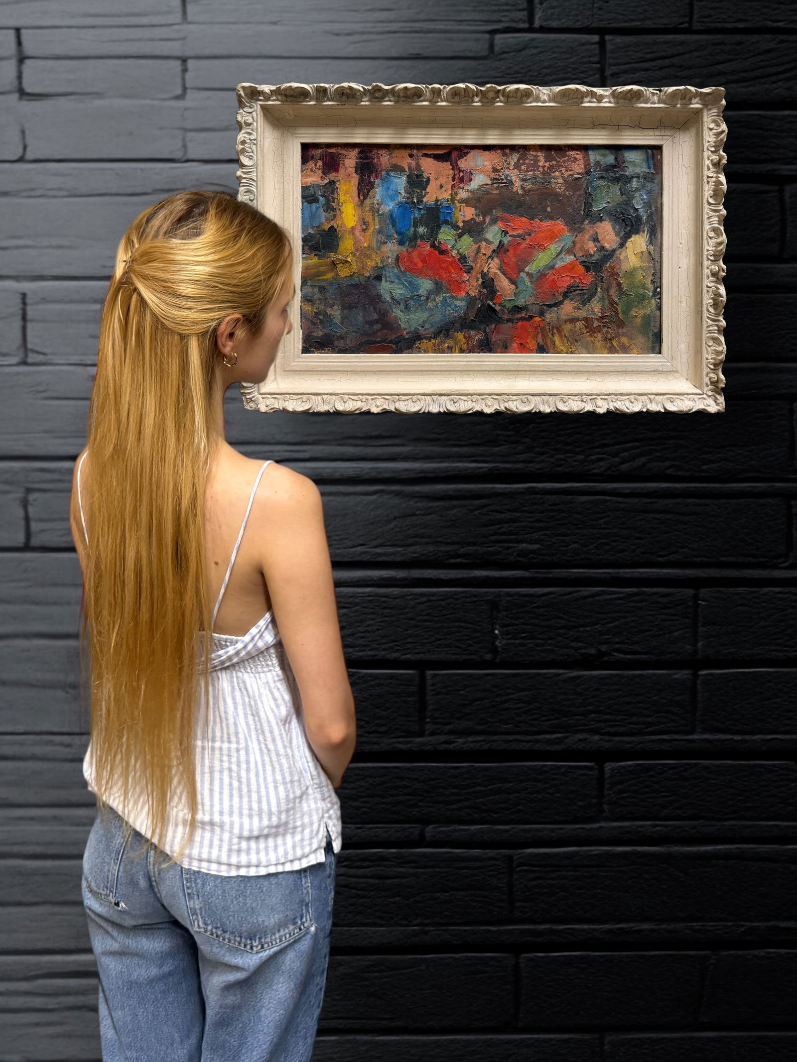 An Impressionist Oil On Canvas Of A Sleeping Beauty: An Impressionist Oil On Canvas Of A Sleeping Beauty. Frame: 20”x13”.This evocative oil painting captures a semi-abstract figure rendered in bold, impasto brushwork and vibrant, earthy tone