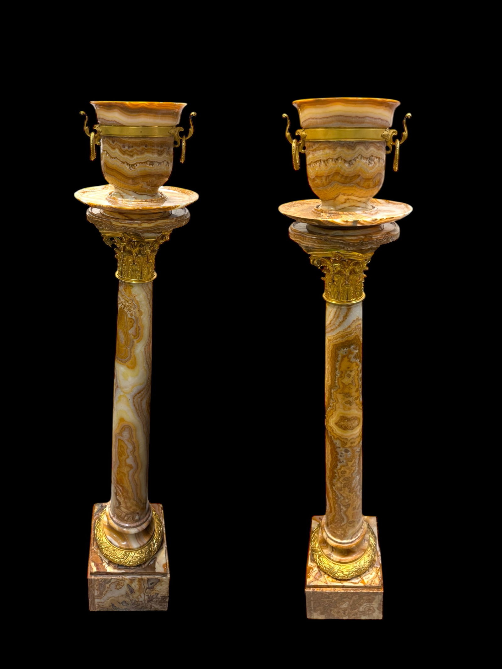 A Pair Of Ormolu Mounted Onyx Pedestal Jardinieres By H. Journet: A Pair Of Gilt Bronze Mounted Onyx Pedestal Planters By H. Journet & Cie. These urns were crafted by Henri Journet & Cie, a French firm that specialised in the production of Fine onyx items. Henri Jou