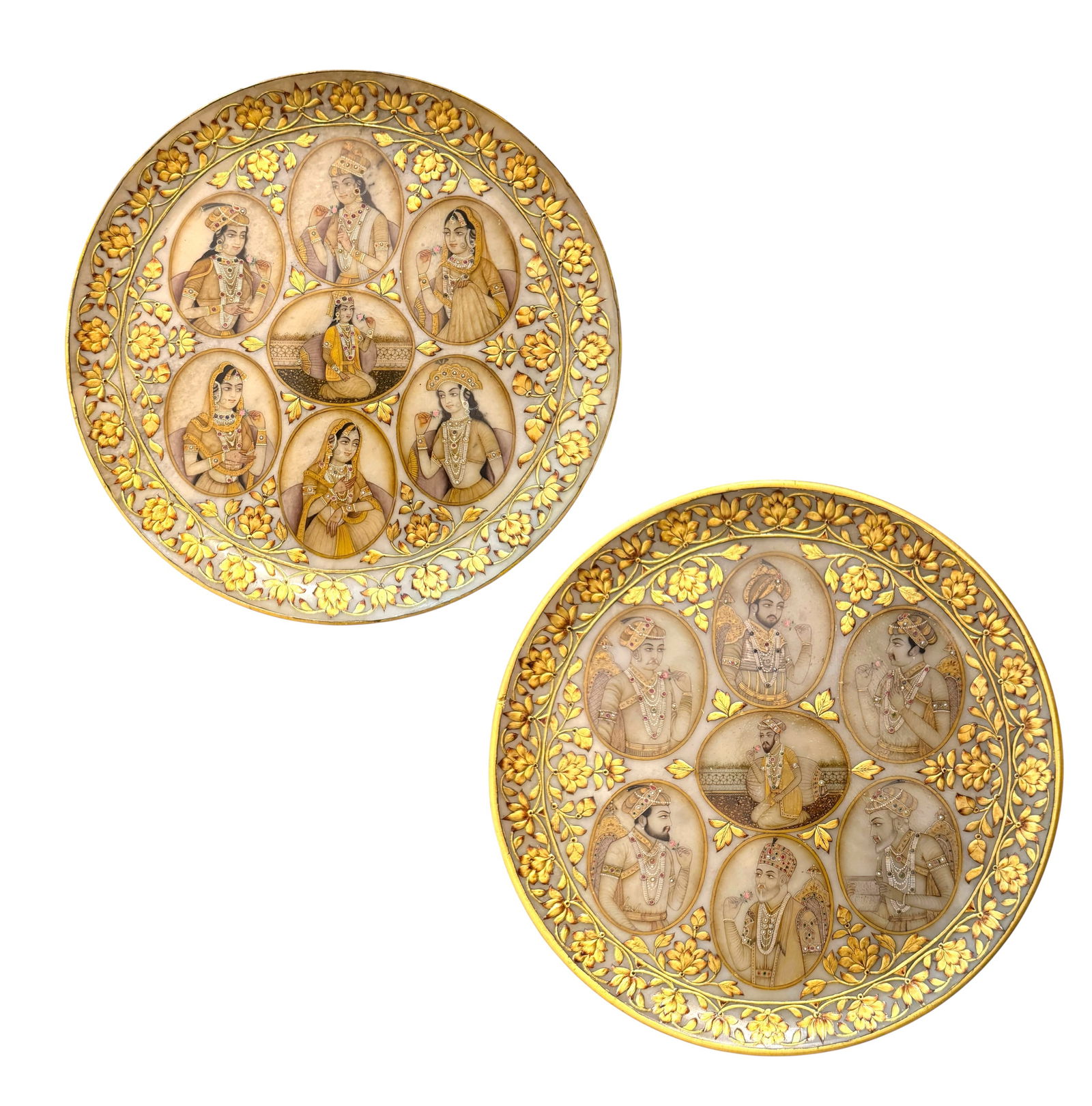 A Pair 19th Century Indian Oil On Marble Painting Of Royal Family: A Pair 19th Century Indian Oil On Marble Painting Of Royal Family