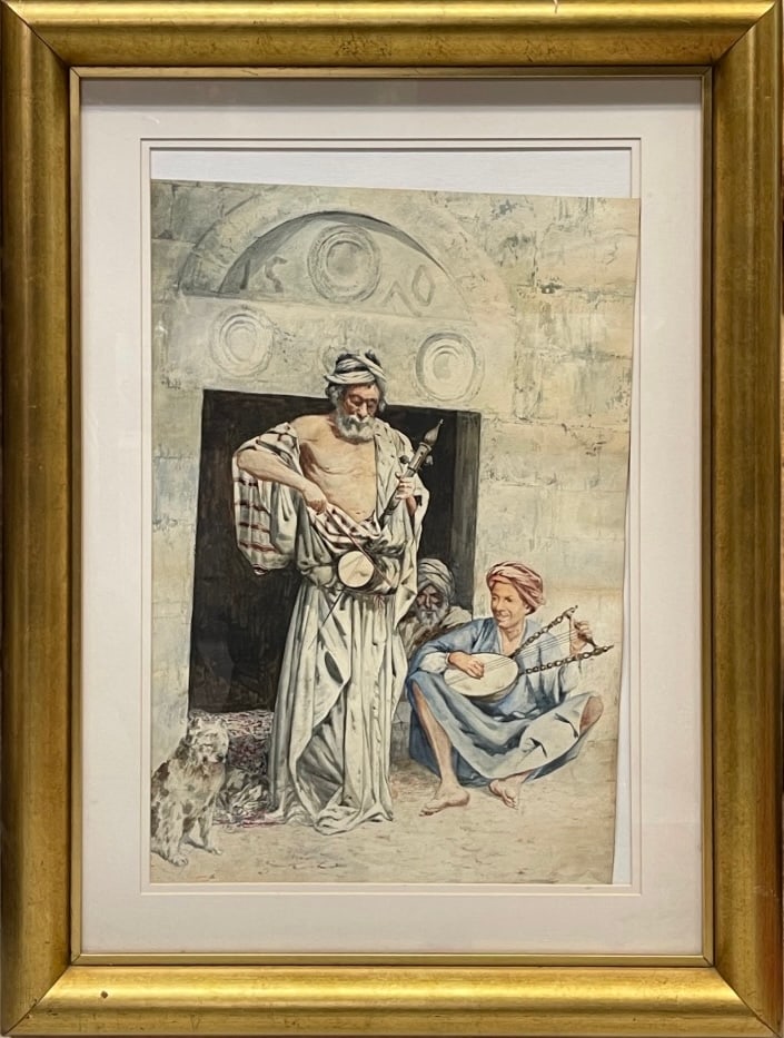 An Antique Italian Orientalist Water Color On Paper of Two Arab Musicians (1 of 7)