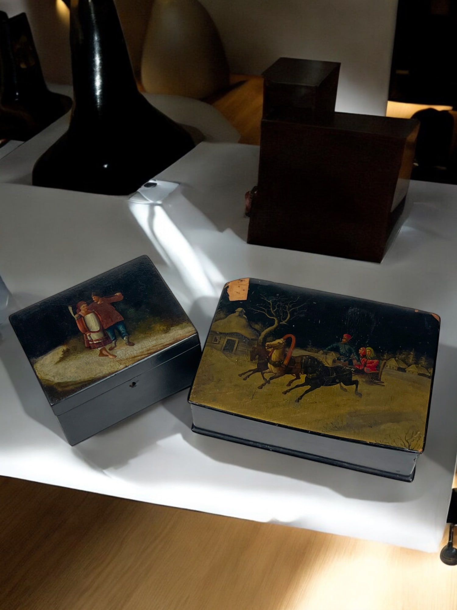 Lot of 2 Russian Imperial Marked Lacquered Hand Painted Boxes (1 of 9)