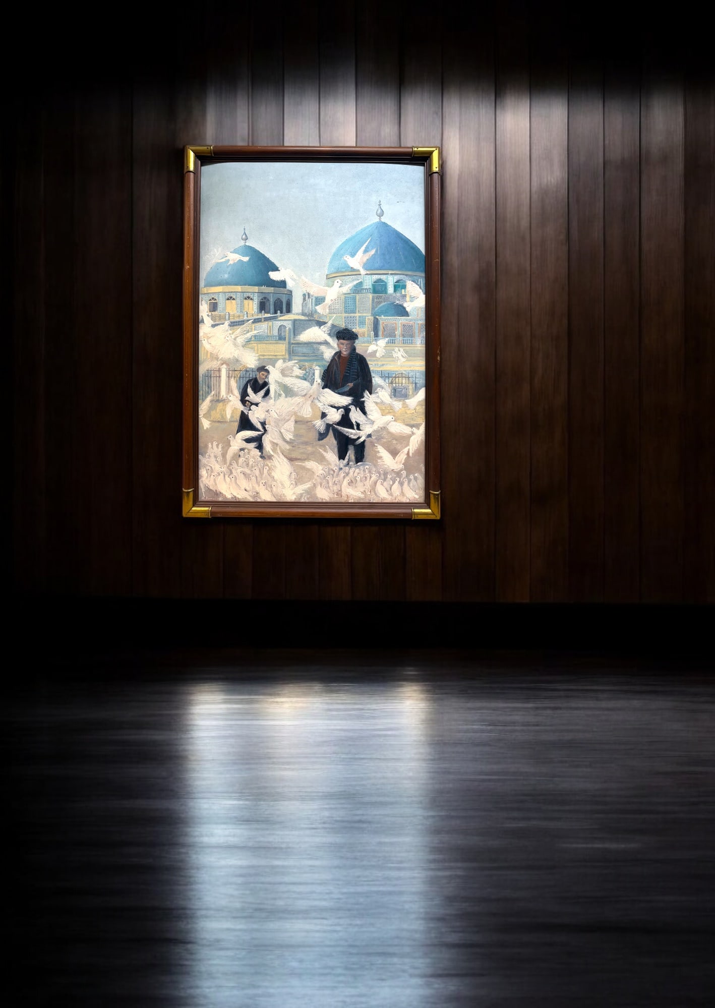 A Very Large Middle Eastern Oil On Canvas Painting Of A Men Feeding Pigeons: A Very Large Middle Eastern Oil On Canvas Painting Of A Men Feeding Pigeons. Frame:38"X27"