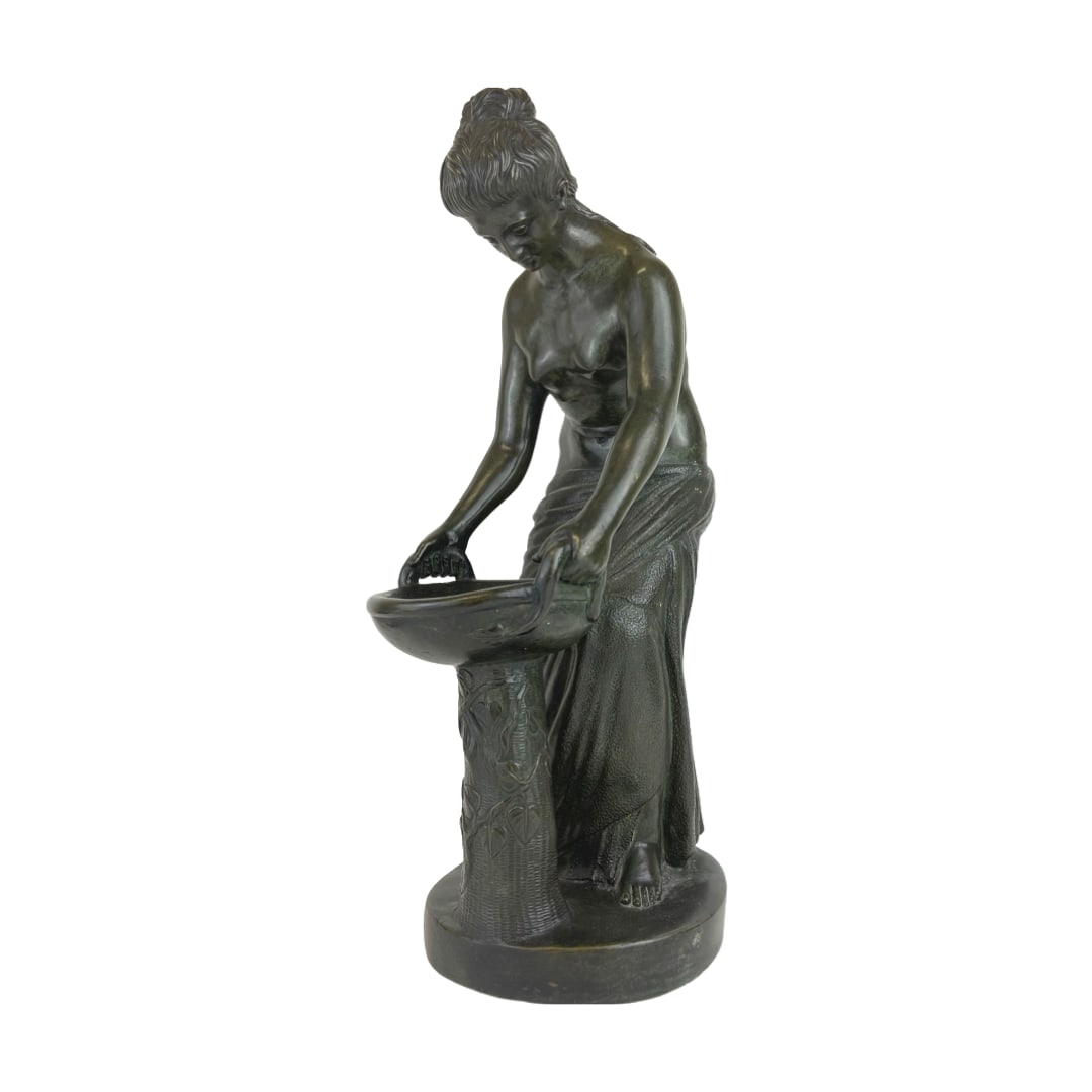 Italian Patinated Bronze Figure Of A Lady Circa 1900: Italian Patinated Bronze Figure Of A Lady Holding A Basked. Circa 1900 17"X9"X6"