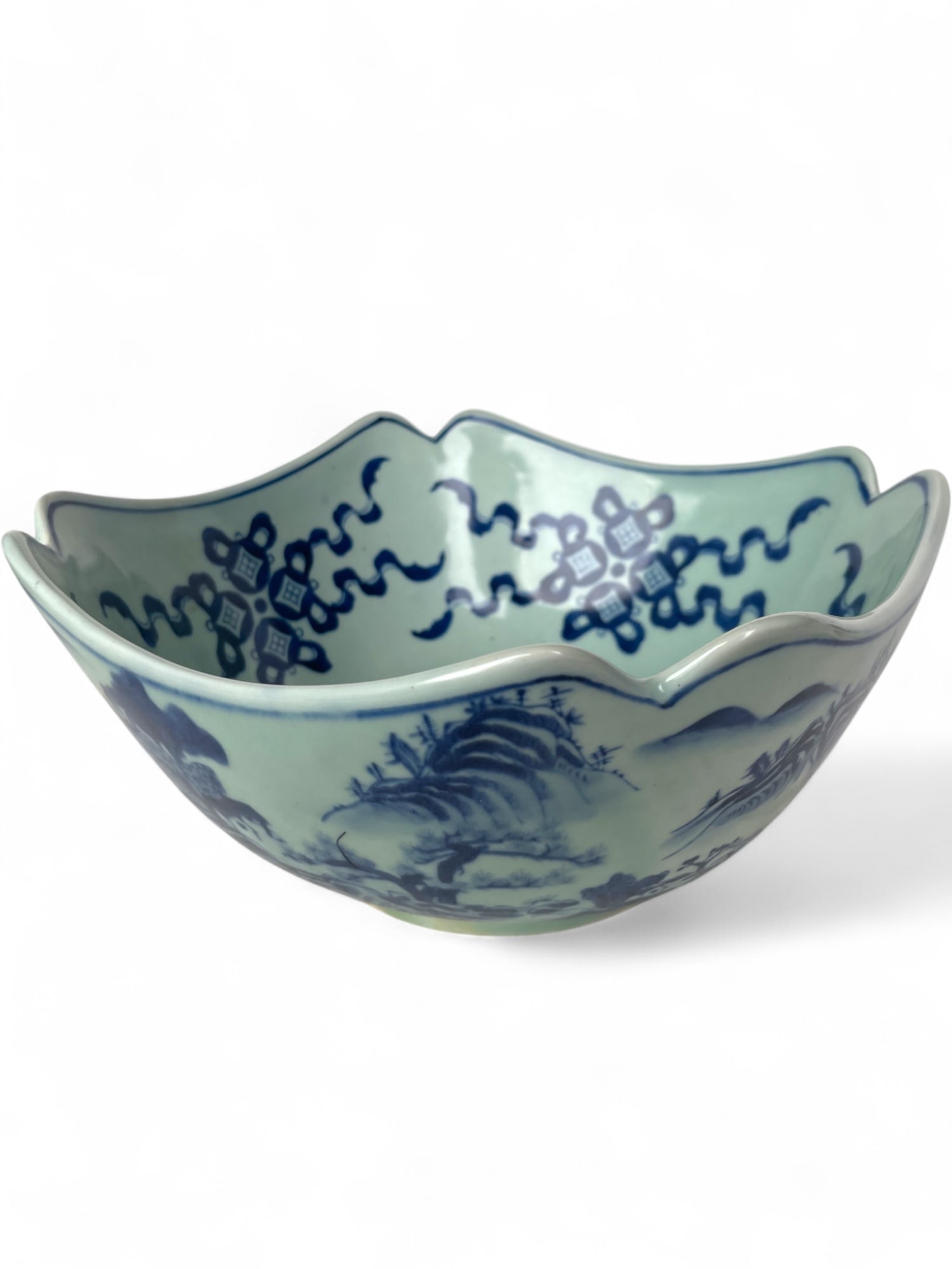 19th Century Chinese Blue & White Canton Porcelain Cut-Corner Bowl Landscape Decoration (1 of 12)